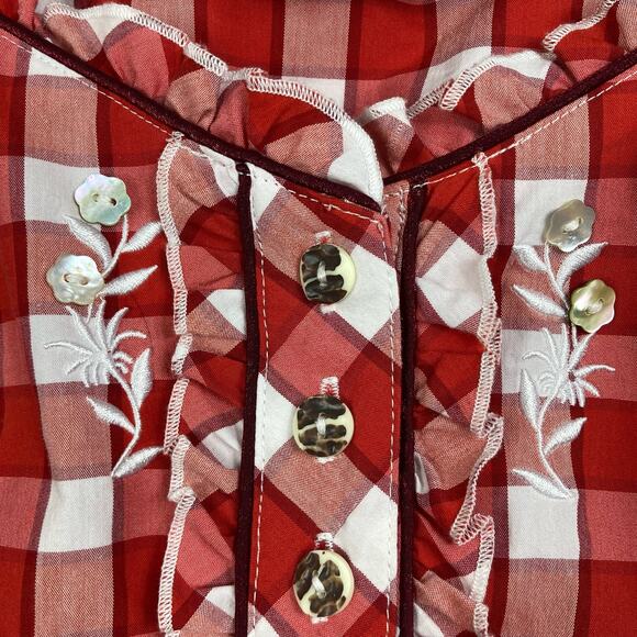NWOT SPIETH&WENSKY Top 32~XS Plaid Oktoberfest Ruffle Floral-Embroidery-Button - Picture 5 of 8